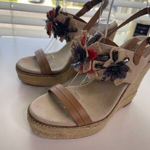 Tory Burch Linen Espadrille Wedge 7.5 Double Strap Sandals Boho Floral Jeweled